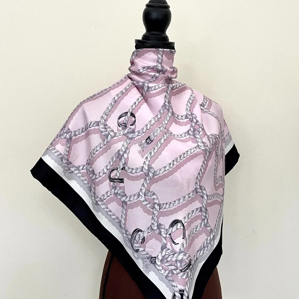 New Gucci Silk Scarf Pink Ropes Print Black Border Silk Wrap Scarf